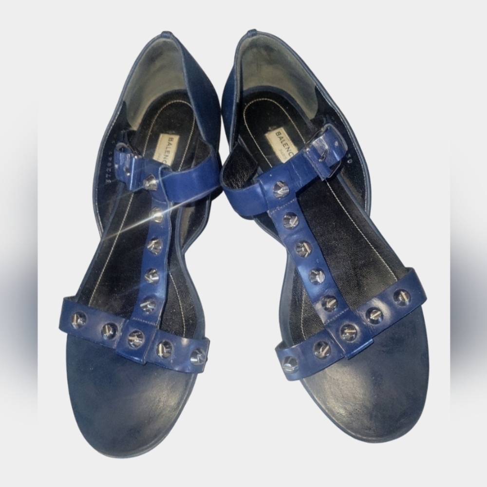 Balenciaga Paris Women's Silver Studs Navy T-strap Buckle Fastener Sandals Sz 38 - Picture 2 of 10